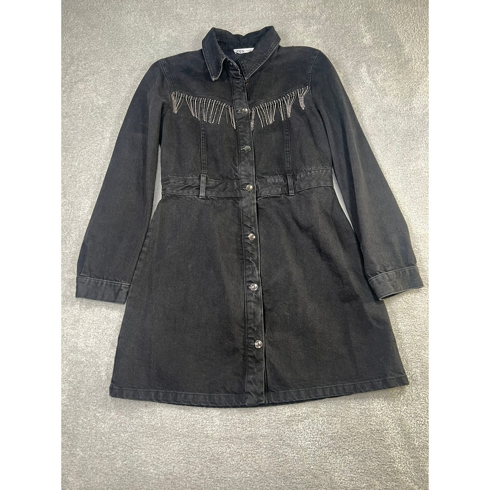 Zara Black Denim Mini Dress Rhinestone Fringe Western Cowgirl Button Front M - Picture 1 of 8